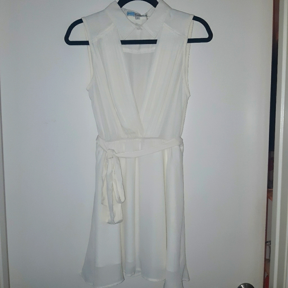 Plunge Neck Ivory Dress with Collared Detail